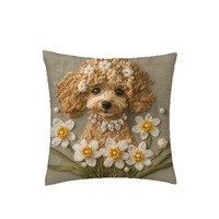 Coussin décoratif pour canapé de salon en peluche courte à imprimé numérique 2D de dessin animé de chien fleuri mignon