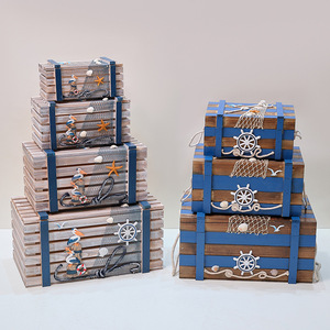 Mediterranean Style Wooden Storage <b>Box</b> Set Of Three Rectangular <b>Pine</b> Stackable For Living Room Neatening - Product Image 2