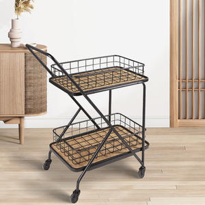 Factory Wood and Metal Dining Serving Cart and 2 Tiers Rack for Kitchen Food <strong>Trolley</strong> Rolling Kitchen Island Cart <strong>on</strong> <strong>Wheels</strong> - Product Image 3