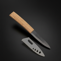 Couteau utilitaire en céramique, lame noire, manche en plastique, finition effet bambou, 10,5 cm, ambidextre, revêtement antiadhésif, passe au lave-vaisselle