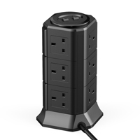 Stop Kontak Ekstensi UK Tower Multi Plug 12 Lubang dengan Pelindung Lonjakan Arus dan 3 USB-C serta 2 USB-C 20 W Pengisian Cepat