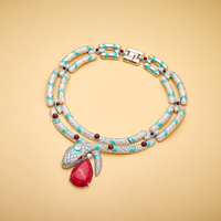 Collier double couche en laiton et zircon, motif serpent et goutte d'eau rouge, émail, design artisanal, pour banquet de mariage