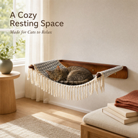 Hamac mural pour chat avec panneau arrière en placage de noyer, lit en lin et coton à carreaux gris avec décorations à pompons, perchoir mural pour chat, accessoire pour arbre à chat