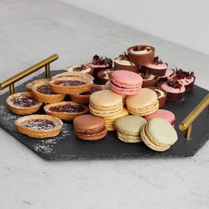 Pizarra negra natural personalizada, plato de piedra para queso, bandeja de servicio de carne de fruta con asas de acero inoxidable de <span class=keywords><strong>oro</strong></span> cepillado - Product Image 5