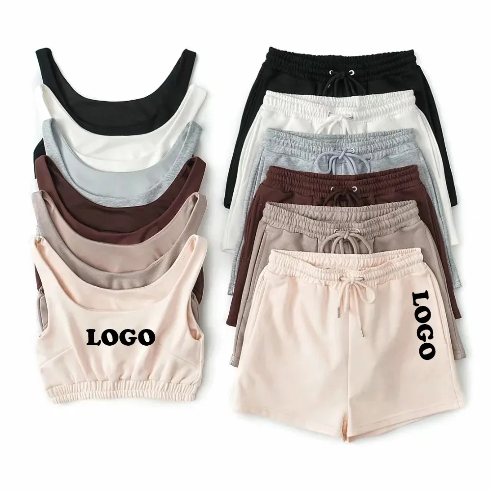 Custom LOGO Women's vest lace up shorts cotton two piece pants set for casual women clothing