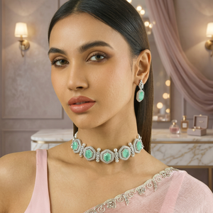 Zircon Choker Necklace 182662 Elegant <b>Wedding</b> <b>Accessory</b> with Dazzling Hexagon-Shaped Zircon Stones Zinc Alloy Bezel Setting - Product Image 2