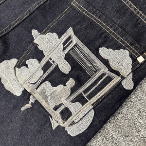 Pantaloncini <span class=keywords><strong>Jeans</strong></span> Neri Larghi di Alta Qualità per <span class=keywords><strong>Uomo</strong></span>, Pantaloni in Denim Personalizzati con Ricamo Pesante, <span class=keywords><strong>Jeans</strong></span> Estivi Y2K Derschutze per <span class=keywords><strong>Uomo</strong></span> - Product Image 3