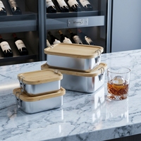 Boîte à bento en acier inoxydable 304 avec couvercle en bambou anti-fuite et fermoir, conteneur de stockage de repas portable à joint hermétique