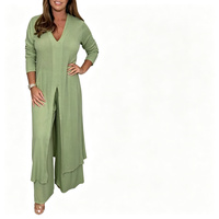 Nouvel ensemble élégant 2026 pour femme : haut long fendu et pantalon en mousseline unie (Polyester/Spandex)