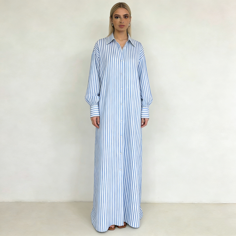knee length dresses for ladies Terry Toweling Jacquard Maxi Dress with Long Sleeves in Black and Cream Stripe L main image 0