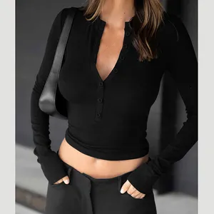 Оптовая продажа, Новая модная женская 2024 Y2k Сексуальная облегающая футболка в рубчик с V-образным вырезом и пуговицами, облегающая футболка с длинным рукавом, топы