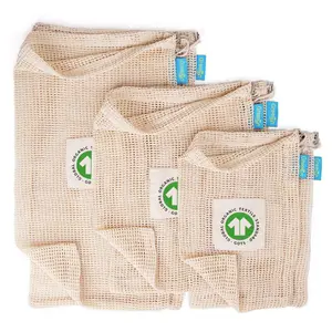 Custom With Logo Patch Reusable Grocery Shopping Tote Net Produce Pouch Organic Cotton Mesh Bags With Drawstring