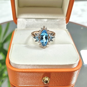 Anillo de piedra azul corte Marquesa 2.5ct Topacio Azul suizo piedra preciosa grande moissanita anillo de oro de boda sólido para mujeres niñas - Product Image 2