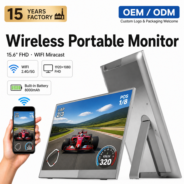 15.6" IPS Portable Monitor 1080P FHD Wireless 8000mAh Battery WIFI Miracast AirPlay Type-C for Built-in Speaker Laptop Phone