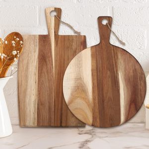 Tabla de servir de madera de acacia cuadrada y redonda con asa para cortar pizza, pan y carne. - Product Image 1