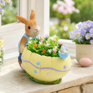 Statue en résine de lapin assis sur un champignon avec un bol en coquille d'œuf, décoration de jardin féerique, décoration de <span class=keywords><strong>forêt</strong></span> fantaisiste, idéale comme pot de fleurs de bureau - Product Image 1