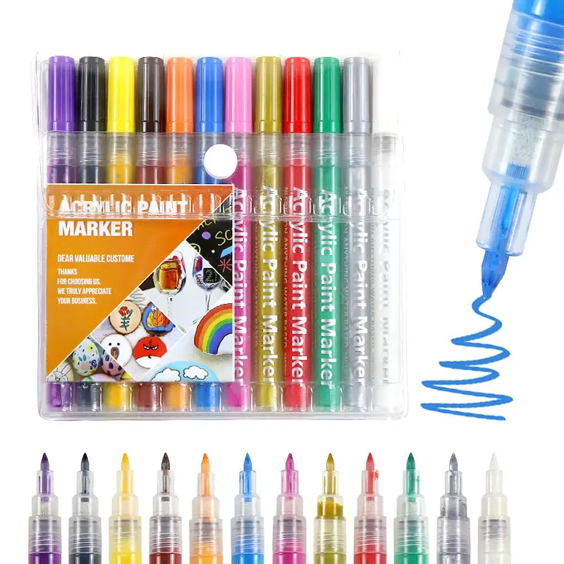 Indicatori di arte del disegno di 0.7mm 12 colori inchiostro acrilico forniture di cancelleria scuola permanente pennarelli per pittura acrilica Set di pennarelli