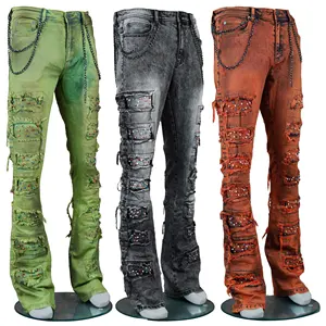 Pakaian Wangsheng jeans merek populer menyesuaikan percikan cat celana tukang kayu dicuci celana jeans bertumpuk pria