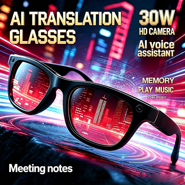 AI Translation Smart Glasses 30W HD Camera AI Voice Assistant Meeting Notes Play Music Smart Eyeglasses for Business Travel