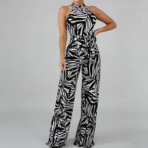 2023 Zomer Mode Streetwear Mouwloze Halter Print Vrouwen Bodysuits Rayon Vetersluiting Plus Size Rits Jumpsuit Voor Dikke Vrouwen