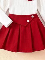 Ensemble deux pièces pour filles : Haut côtelé à manches longues avec volants et fleurs + Jupe plissée évasée