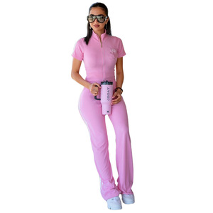 Y71652 Tracksuit Set Women <b>Zipper</b> Short Sleeve Crop <b>Top</b> With Stripes Pants Sportswear For Casual Workout Fitness Wear - Product Image 6