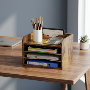 <b>Pine</b> Wood Rustic Rectangle Desktop Caddy Organizer with <b>Shelves</b> Wood Handicraft | Wholesale - Product Image 3