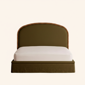 Lit superposé de luxe capitonné en tissu olive, réglable, taille Queen/King, confortable, avec garniture perlée, finition douce, pour chambre à coucher haut de gamme - Product Image 3