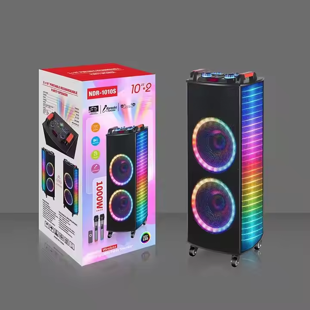 Dual 10-Inch Active Wireless Subwoofer RGB LED Lighting USB Communication Home Personal Karaoke Mic Speakers Including Battery