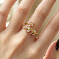 Bague ajustable empilable en argent sterling S925 non ternissant avec zircon, motif feuilles et fleurs, idéale pour la Saint-Valentin pour les couples