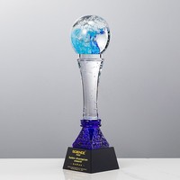 Nouveau Trophée Rond en Verre Cristal Bleu Vague, Récompense Sphérique Créative, Modèle Sculpté, Cadeau d'Affaires Personnalisé, Commémoratif