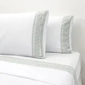Luxury White Blue Pure Egyptian Cotton Jersey Frill Lace Bedding Sheet Sets