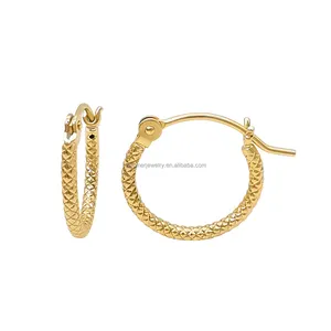 Wholesale Real 9K Gold Big Hoop Earrings AU375 Gold Huggie Earrings Texture Hoops Round Earrings Pure Gold Jewelry
