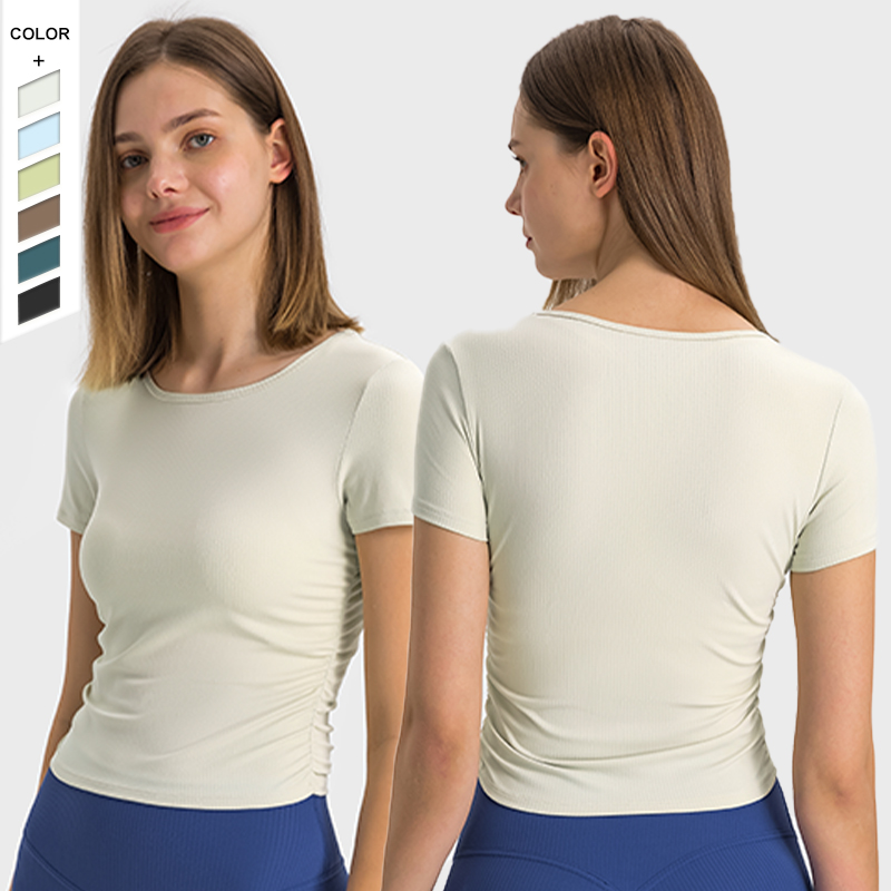Women's Striped Ribbed High Elasticity Yoga Top Tshirt Breathable Slimming Workout Fitness Sports Short Sleeve Quick Dry Side