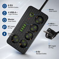 Multiprise standard européenne 6 voies avec 4 ports USB et 1 adaptateur de charge Type-C, prise EU coudée à 90 degrés