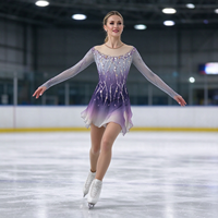Robe de patinage artistique pour enfants et adultes, gris, violet, blanc, dégradé, maille, manches longues, strass au dos, pour compétition et spectacle