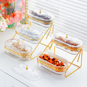 Bol à fruits ovale transparent en plastique avec couvercle, type sur pied, conteneur alimentaire à plusieurs niveaux pour la maison, le salon, la table basse - Product Image 1