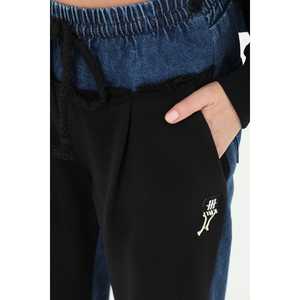 กางเกงขายาวทรงขาบานเอวสูงสำหรับผู้หญิง ผ้าถักด้านหน้า ผ้ายีนส์ด้านหลัง สีดำ สีน้ำเงิน ระบายอากาศได้ดี - Product Image 1