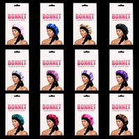 Emballage de boîte personnalisée Bonnet pour cheveux Bonnet de couchage à large bande Logo personnalisé Bonnets en satin avec attache