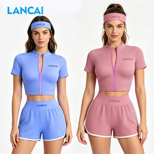2026 Women 3 Piece Activewear Set Short Sleeve Zip Crop Jacket Booty Shorts Headband Yoga Gym Workout Fitness Outfit Sportswear - Product Image 3