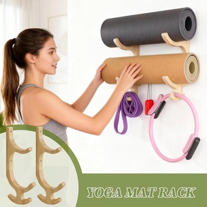 Organisateur de matériel de fitness écologique en bois, support mural pour tapis de yoga, rouleaux de <span class=keywords><strong>mousse</strong></span> et bandes de résistance, pour salle de bain/pendrier - Product Image 2