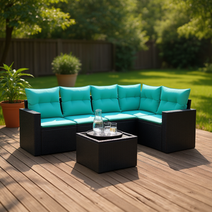 Juego de sofás de patio residenciales de ratán sintético negro de 6 piezas para exteriores con cojines, muebles de exterior modernos y contemporáneos - Product Image 2