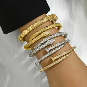 Pulsera completa con forma de serpiente de diamante para mujer, pulseras abiertas de circón geométrico chapadas en oro/plata, joyería de mano ajustable a la moda