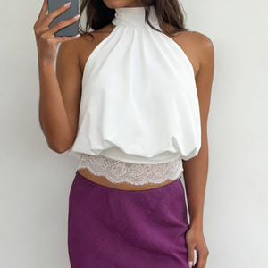 Women's satin halter neck backless stand collar cropped top, lace hem waist-cinching sexy vest - Product Image 4