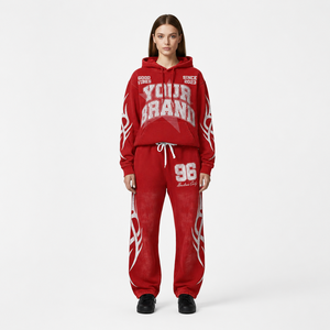 Ensemble survêtement personnalisé en coton 100% avec broderie rouge, sweat à capuche et pantalon de jogging en molleton oversize pour hommes et femmes, streetwear, OEM - Product Image 5