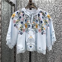 Top qualité nouveau Designer Blouse chemise 2025 automne femmes manches chauve-souris luxueux broderie Floral ample blanc bleu Blouses