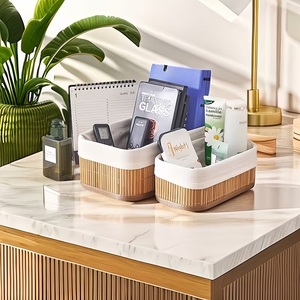 Ensemble de 3 paniers de rangement rectangulaires emboîtables en bambou naturel avec doublure en <span class=keywords><strong>tissu</strong></span> bohème <span class=keywords><strong>pour</strong></span> comptoir de salle de bain - Product Image 5
