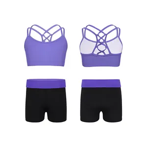 Kids Girls 2pcs Strappy Crop Top with Shorts Dance wear Athletic Workout Running Gym Yoga Sports Set