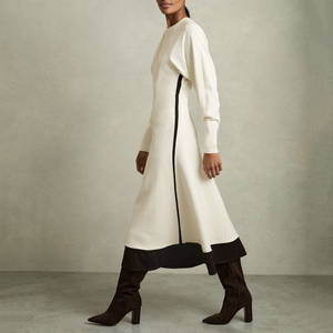 Abito Midi Elegante da Donna in Maglia <span class=keywords><strong>con</strong></span> Dettagli Neri a Contrasto, <span class=keywords><strong>Spacco</strong></span> <span class=keywords><strong>Laterale</strong></span> e Maniche Lunghe, <span class=keywords><strong>Vestito</strong></span> a Trapezio - Product Image 1