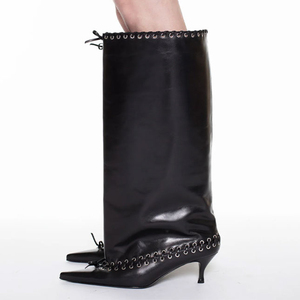 Metal Holes Decor Women Front Bow Long <b>Boots</b> Low Heels Pointed Toe Knee High Booties Pleated Loose Upper on Shoes - Product Image 6